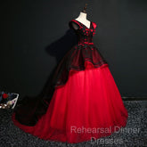Gorgeous Black And Red Embroidery Quinceanera Dresses, Lace Applique Tulle Gowns